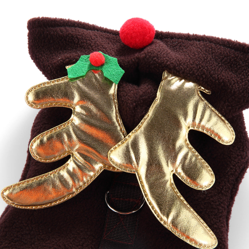 Reindeer Dog Costume – Festive Brown Outfit with Golden Antlers, Bells, and Pom-Pom Details