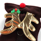 Reindeer Dog Costume – Festive Brown Outfit with Golden Antlers, Bells, and Pom-Pom Details