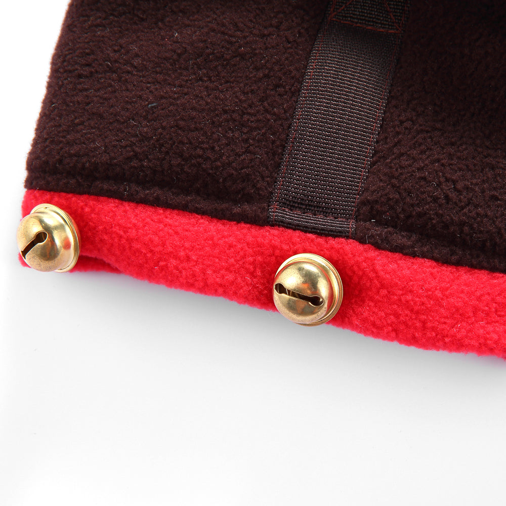 Reindeer Dog Costume – Festive Brown Outfit with Golden Antlers, Bells, and Pom-Pom Details