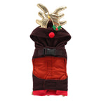 Reindeer Dog Costume – Festive Brown Outfit with Golden Antlers, Bells, and Pom-Pom Details