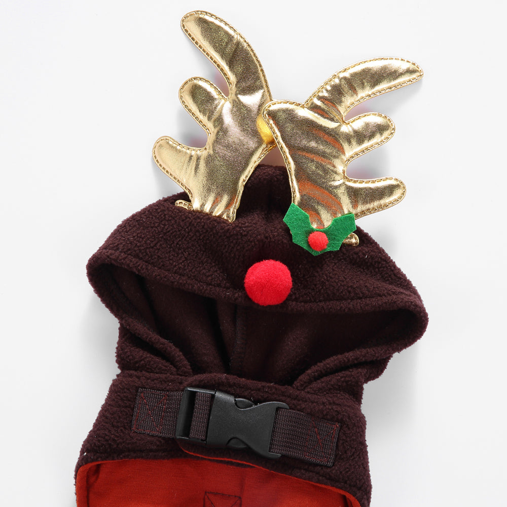 Reindeer Dog Costume – Festive Brown Outfit with Golden Antlers, Bells, and Pom-Pom Details