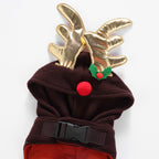 Reindeer Dog Costume – Festive Brown Outfit with Golden Antlers, Bells, and Pom-Pom Details