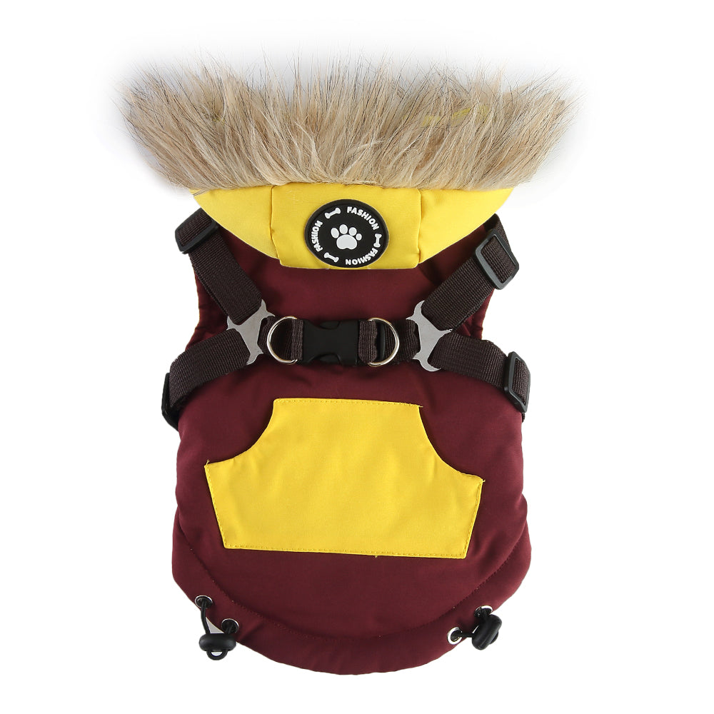 Peture Winter Dual-Color Dog Harness Jacket with Hood (Available in Wine-Yellow / Red-Blue)