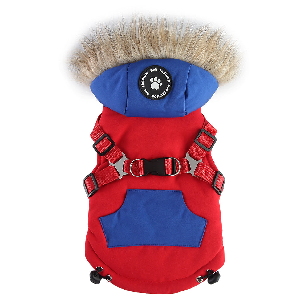 Peture Winter Dual-Color Dog Harness Jacket with Hood (Available in Wine-Yellow / Red-Blue)