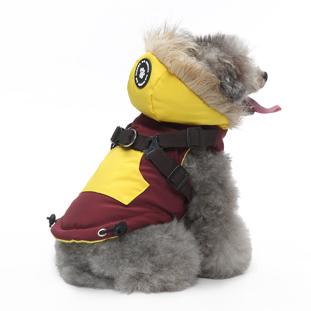 Peture Winter Dual-Color Dog Harness Jacket with Hood (Available in Wine-Yellow / Red-Blue)