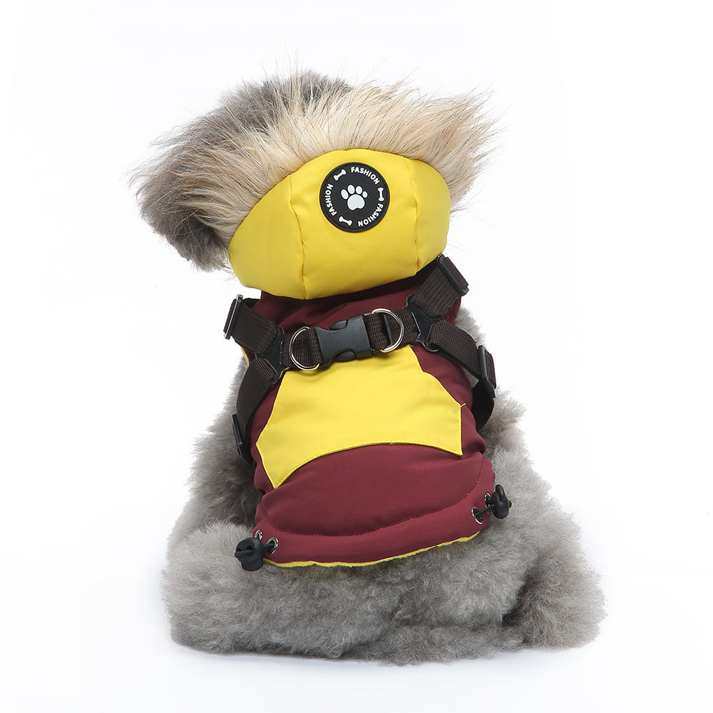 Peture Winter Dual-Color Dog Harness Jacket with Hood (Available in Wine-Yellow / Red-Blue)