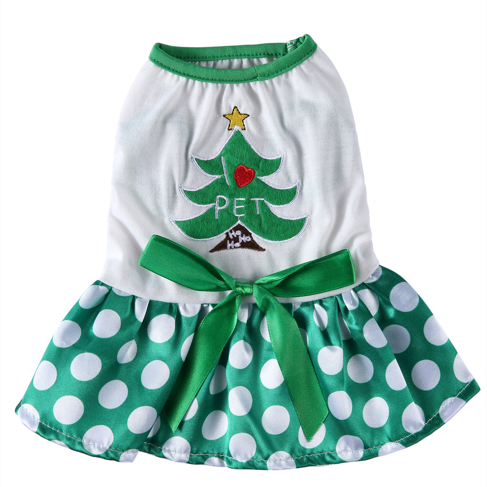 Polka Dot Green Dog Dress with Christmas Tree Design