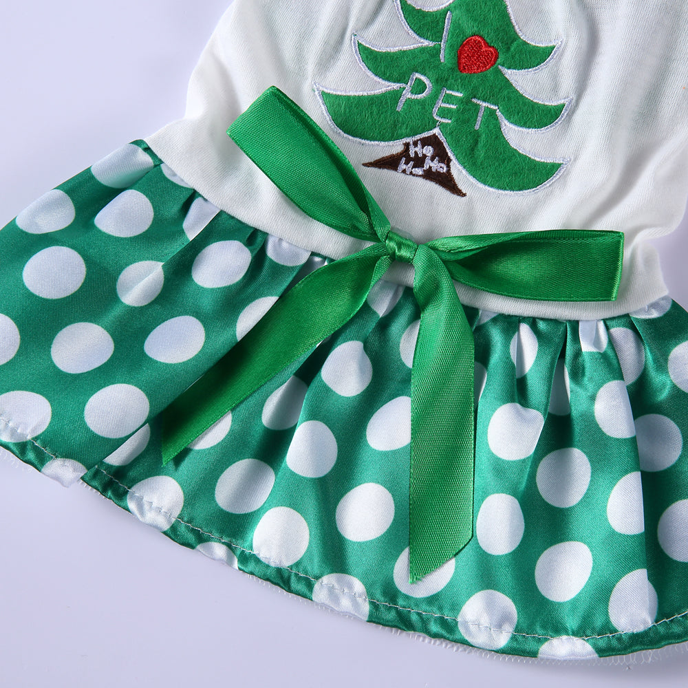 Polka Dot Green Dog Dress with Christmas Tree Design