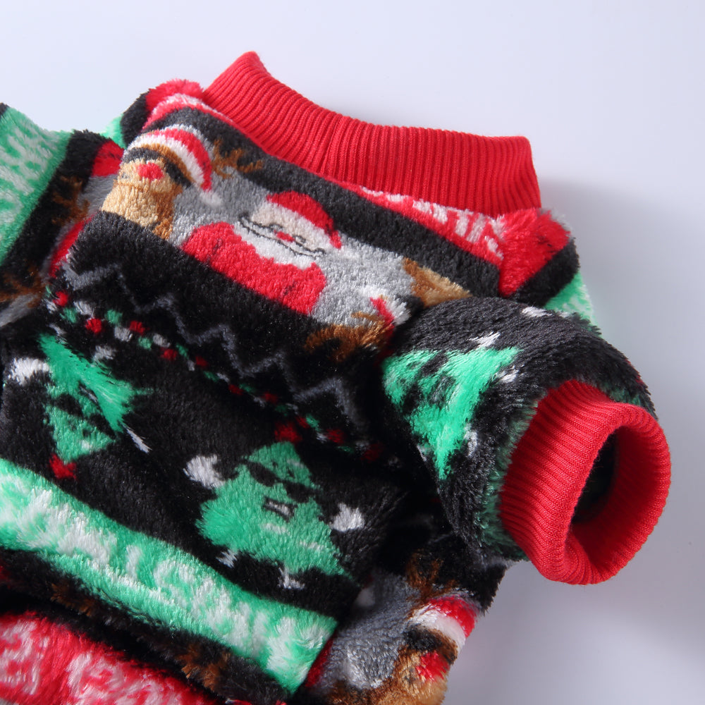 Festive Santa & Reindeer Print Fleece Dog Pajamas