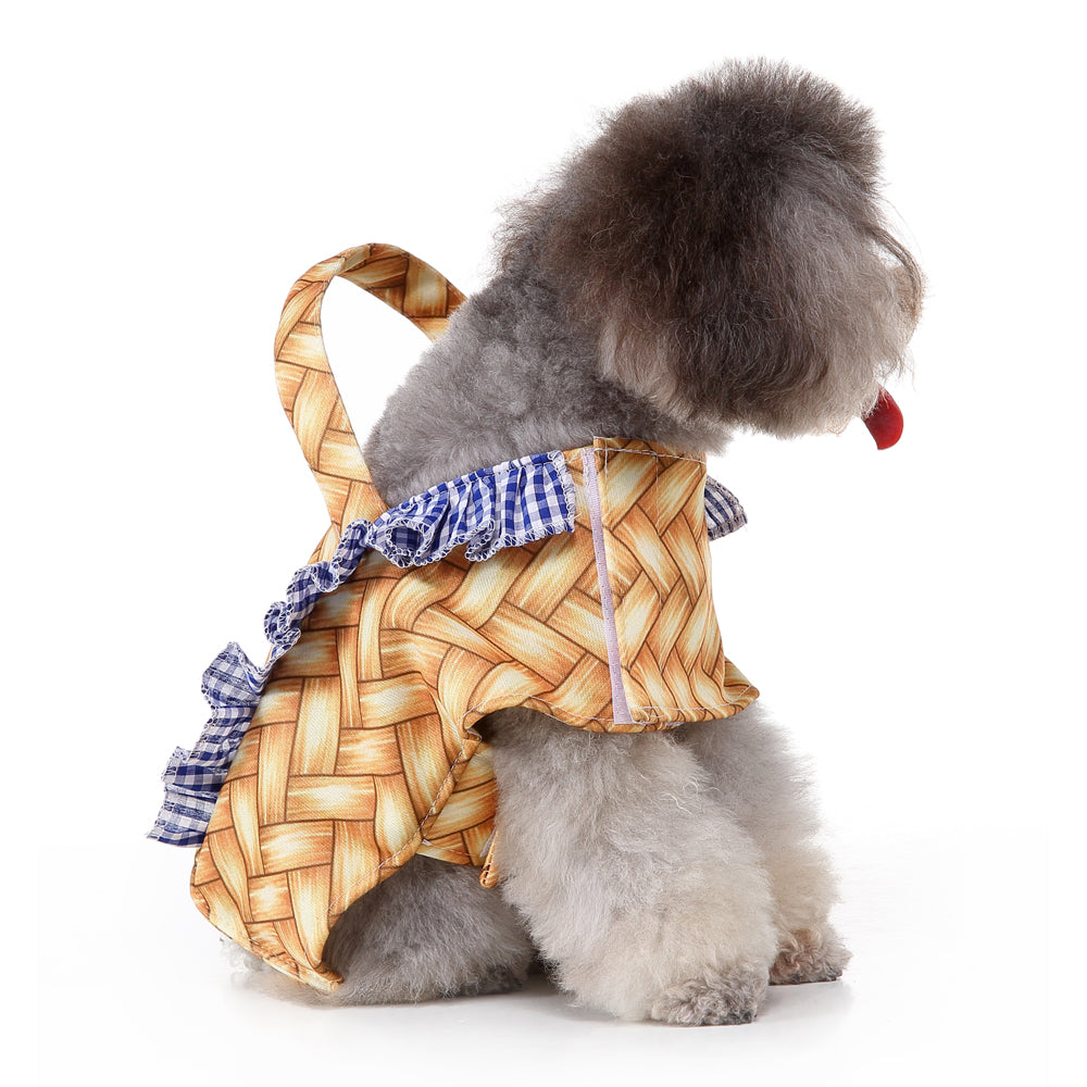 Woven Basket Dog Dress with Blue Ruffle Trim