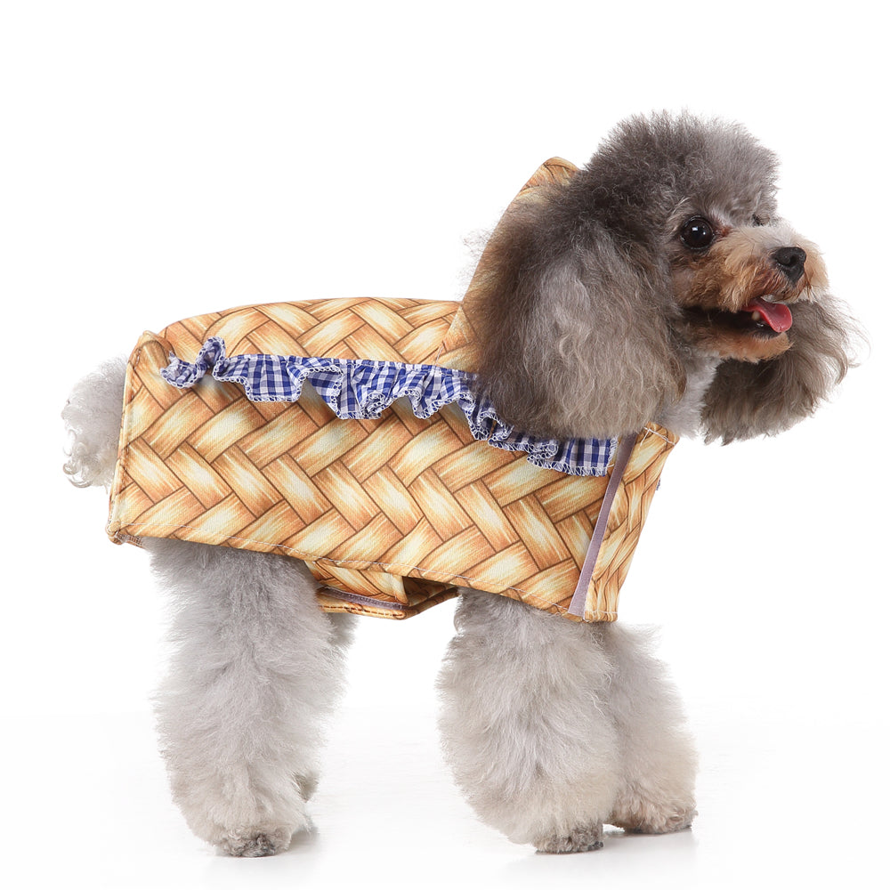 Woven Basket Dog Dress with Blue Ruffle Trim