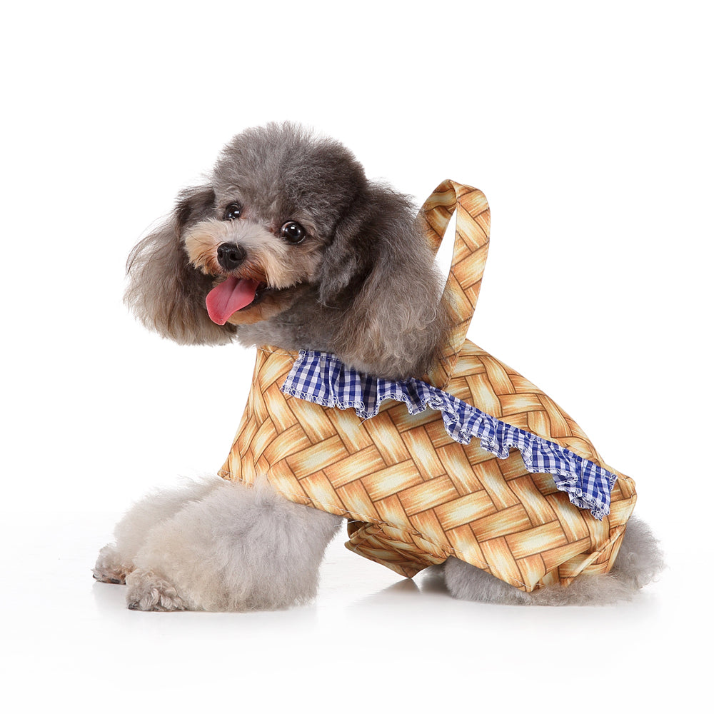 Woven Basket Dog Dress with Blue Ruffle Trim