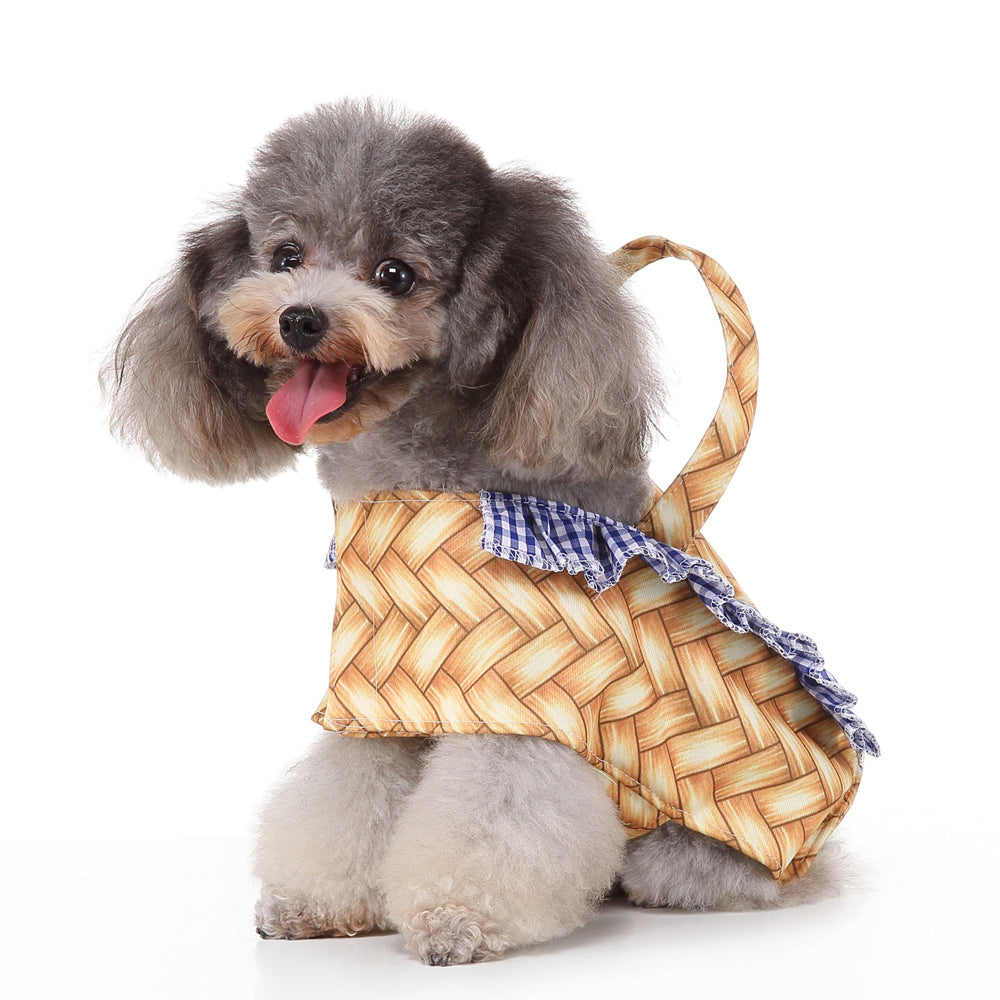 Woven Basket Dog Dress with Blue Ruffle Trim