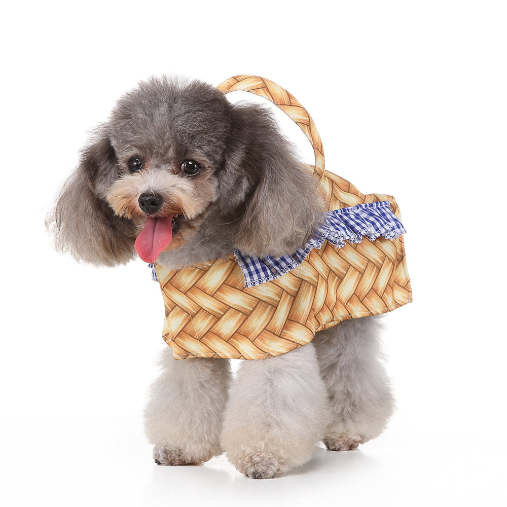 Woven Basket Dog Dress with Blue Ruffle Trim