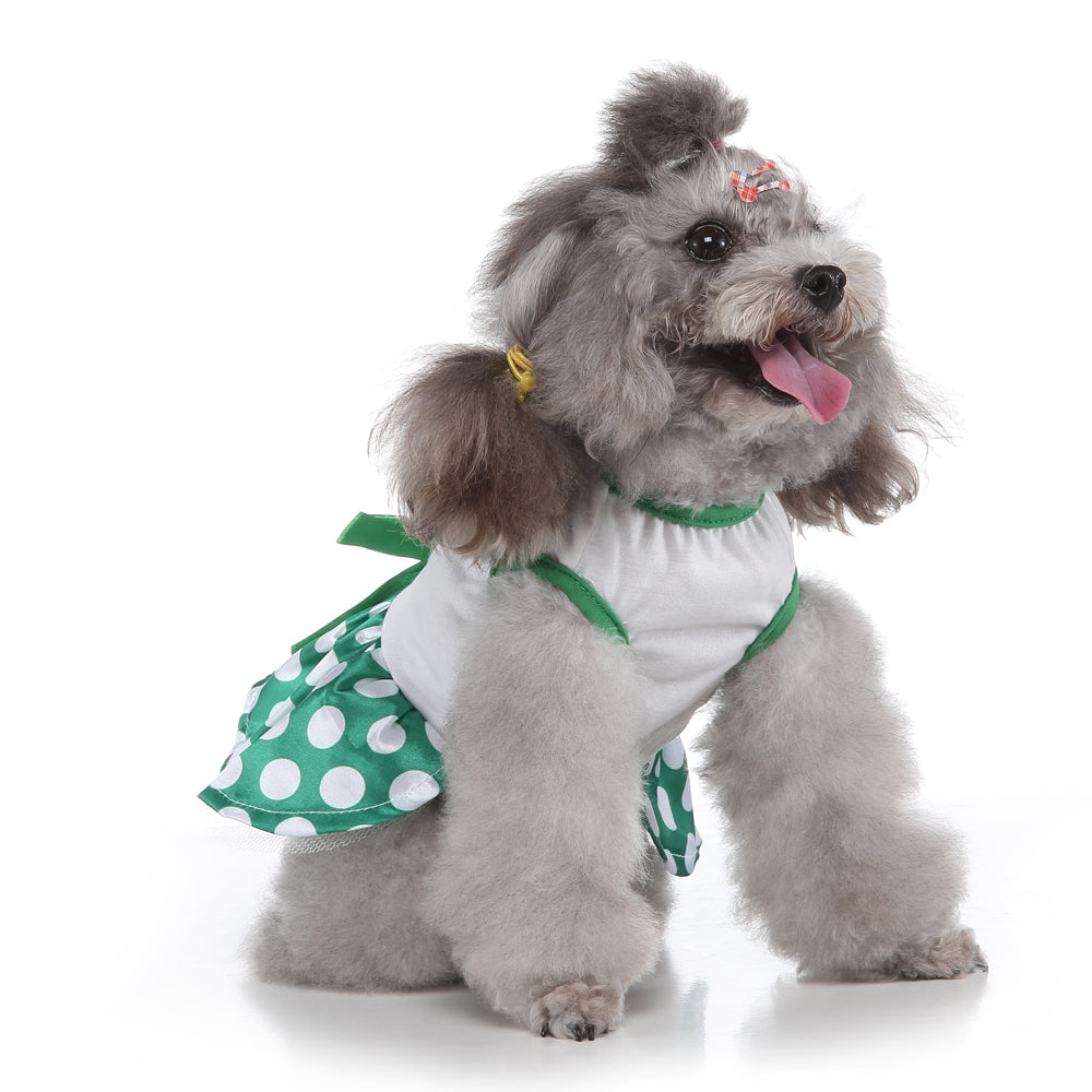 Polka Dot Green Dog Dress with Christmas Tree Design