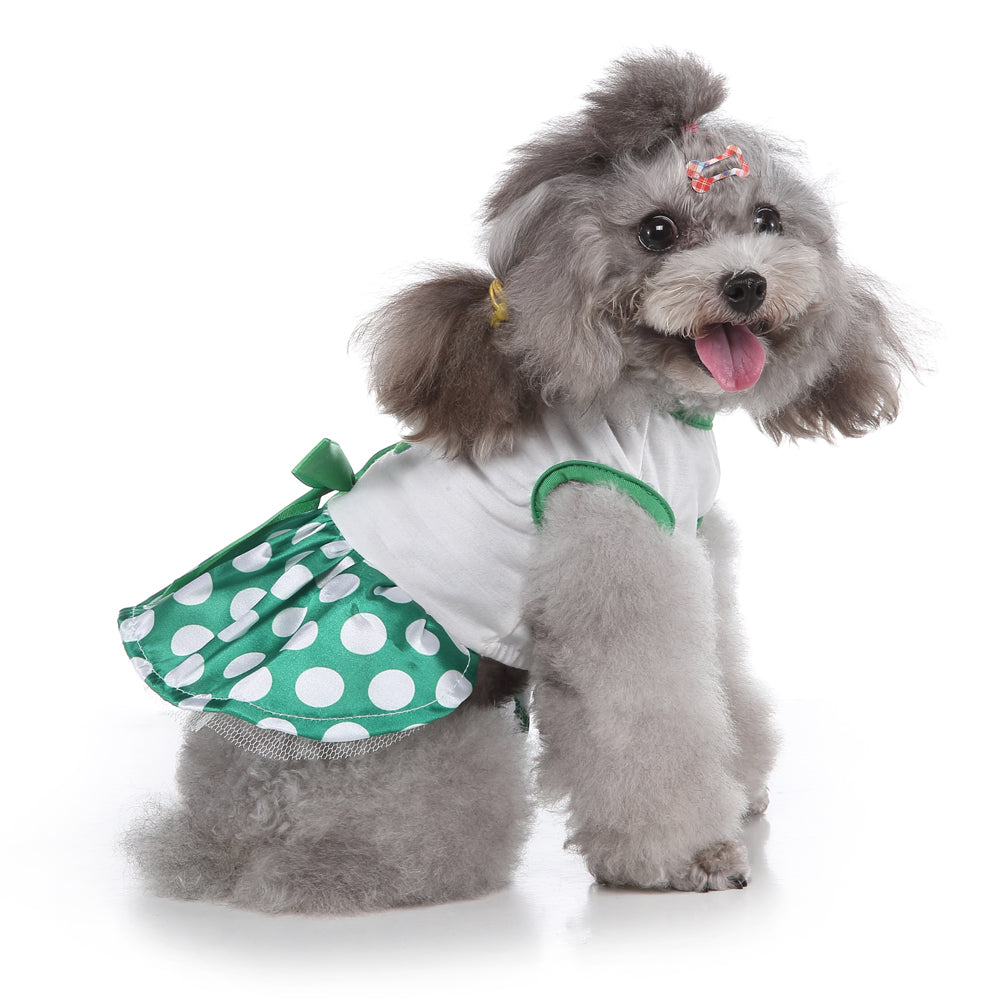 Polka Dot Green Dog Dress with Christmas Tree Design