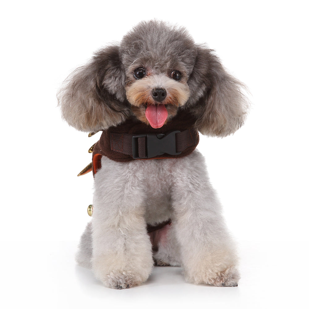 Reindeer Dog Costume – Festive Brown Outfit with Golden Antlers, Bells, and Pom-Pom Details