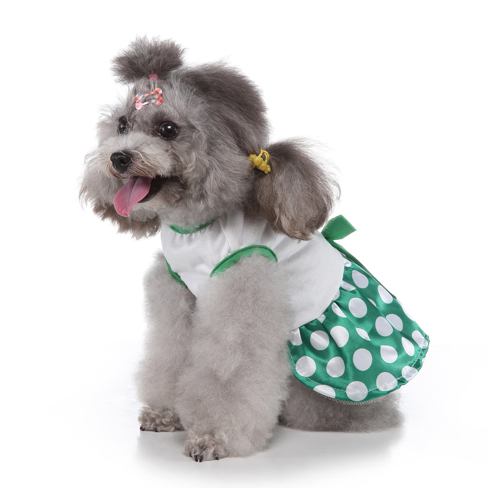 Polka Dot Green Dog Dress with Christmas Tree Design