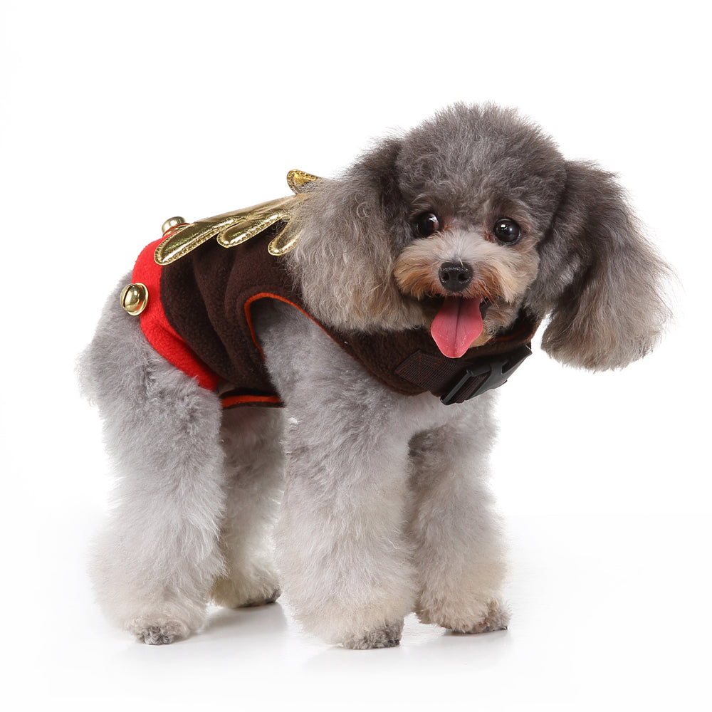 Reindeer Dog Costume – Festive Brown Outfit with Golden Antlers, Bells, and Pom-Pom Details