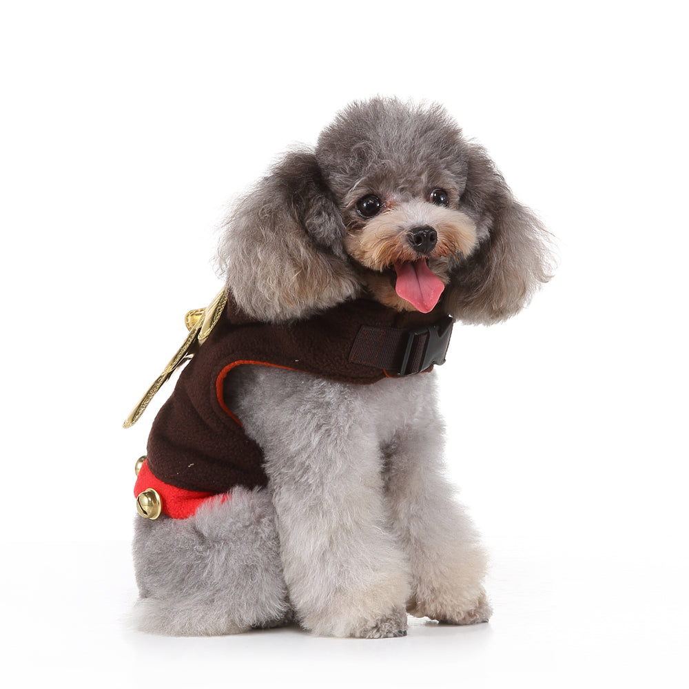 Reindeer Dog Costume – Festive Brown Outfit with Golden Antlers, Bells, and Pom-Pom Details
