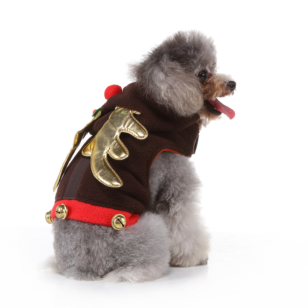 Reindeer Dog Costume – Festive Brown Outfit with Golden Antlers, Bells, and Pom-Pom Details