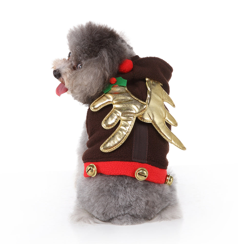 Reindeer Dog Costume – Festive Brown Outfit with Golden Antlers, Bells, and Pom-Pom Details