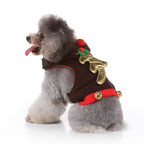 Reindeer Dog Costume – Festive Brown Outfit with Golden Antlers, Bells, and Pom-Pom Details