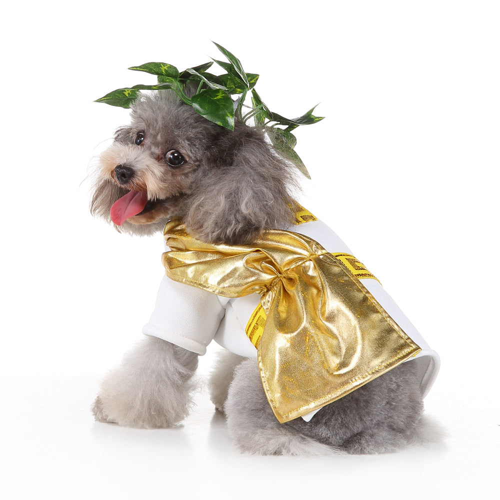Roman Emperor Dog Costume – Regal White Tunic with Gold Cape and Laurel Crown