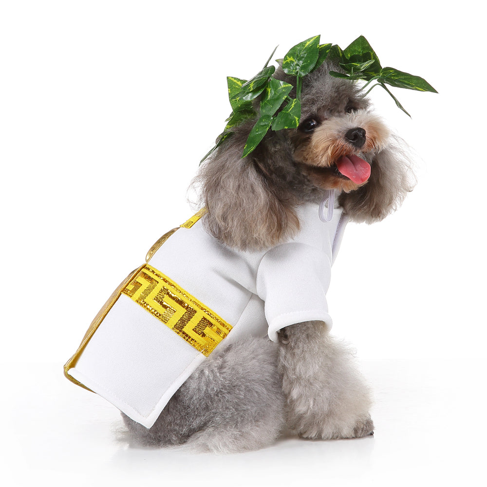Roman Emperor Dog Costume – Regal White Tunic with Gold Cape and Laurel Crown