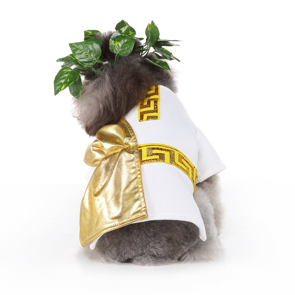 Roman Emperor Dog Costume – Regal White Tunic with Gold Cape and Laurel Crown