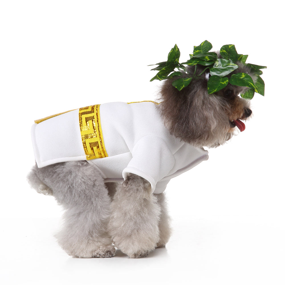 Roman Emperor Dog Costume – Regal White Tunic with Gold Cape and Laurel Crown
