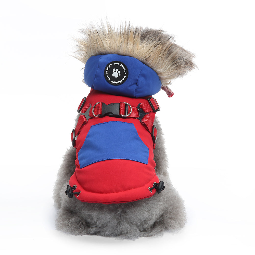 Peture Winter Dual-Color Dog Harness Jacket with Hood (Available in Wine-Yellow / Red-Blue)