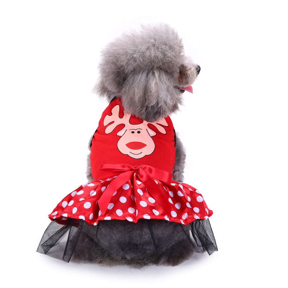 Reindeer Christmas Dog Dress – Adorable Red Polka Dot Skirt with Reindeer Design