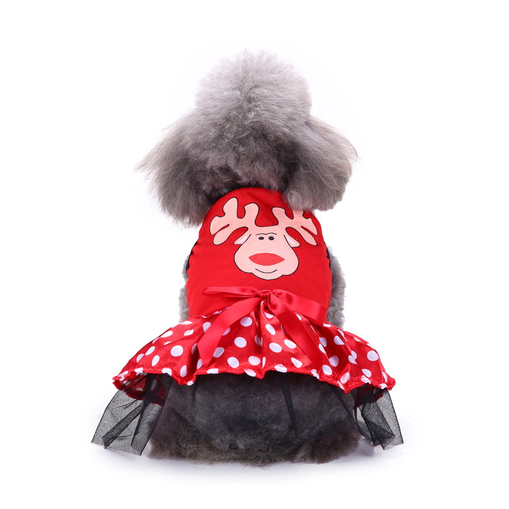 Reindeer Christmas Dog Dress – Adorable Red Polka Dot Skirt with Reindeer Design
