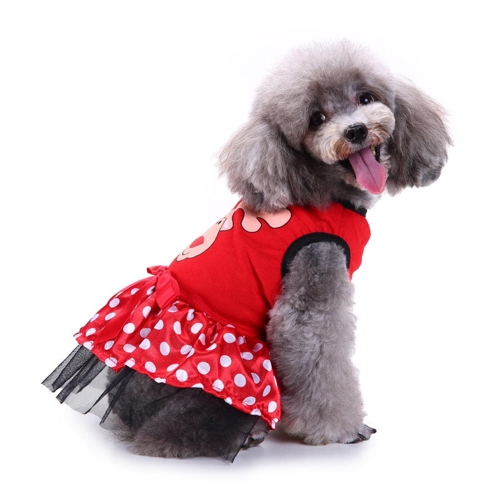 Reindeer Christmas Dog Dress – Adorable Red Polka Dot Skirt with Reindeer Design