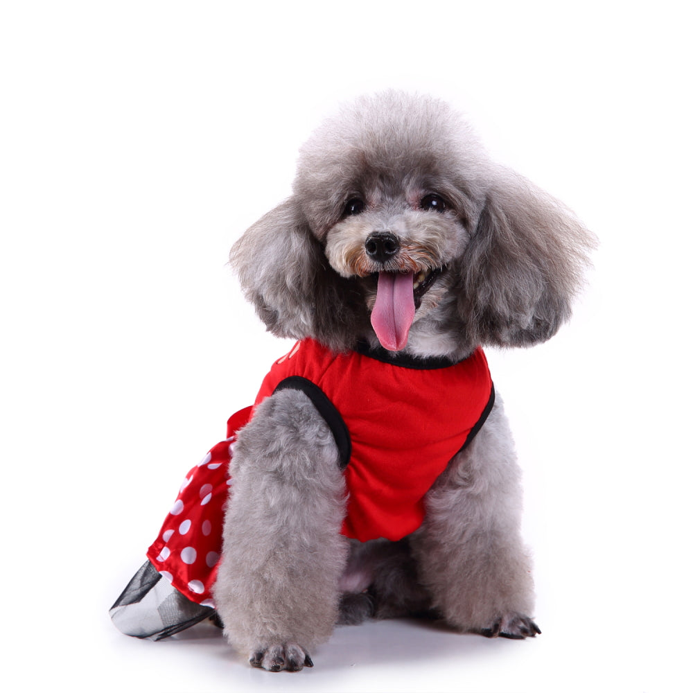Reindeer Christmas Dog Dress – Adorable Red Polka Dot Skirt with Reindeer Design