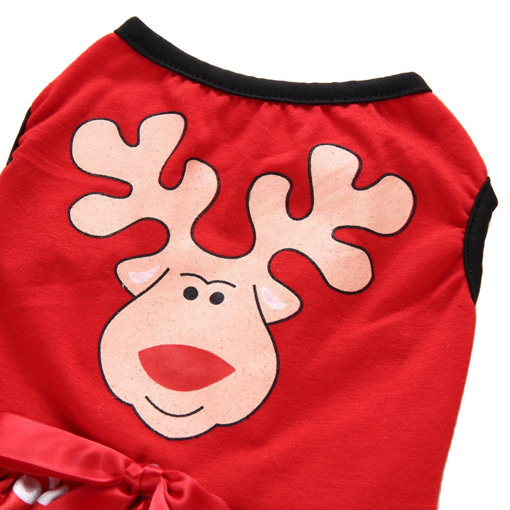 Reindeer Christmas Dog Dress – Adorable Red Polka Dot Skirt with Reindeer Design